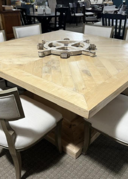 Chevron patterned square farmhouse table with chairs